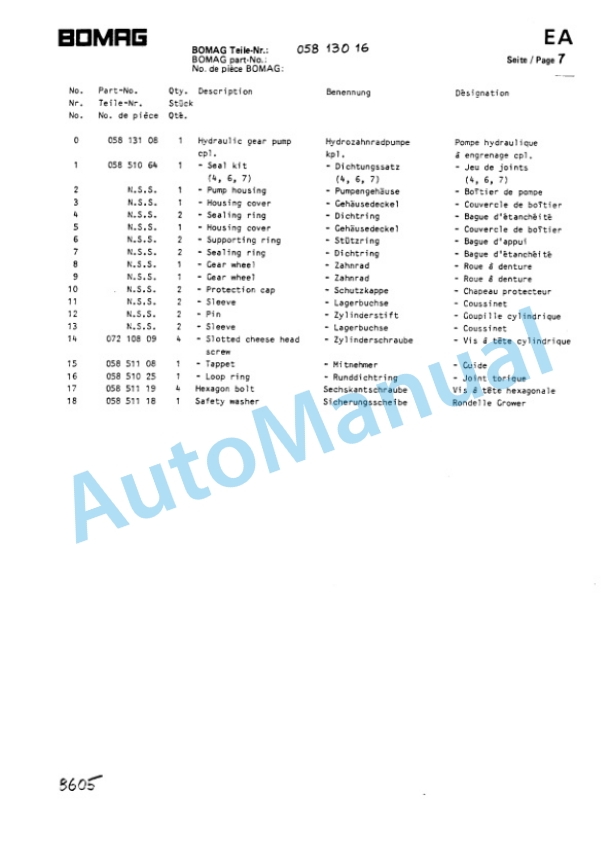 Bomag BW 100 AD-AC Spare Parts Catalogue 00812710-3