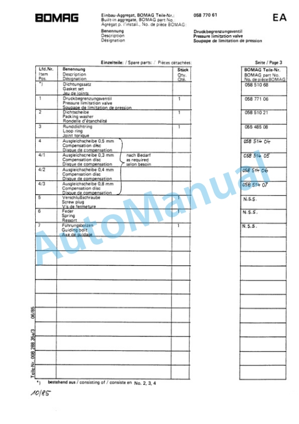 Bomag BW 100 AD-AC Spare Parts Catalogue 00812710-5