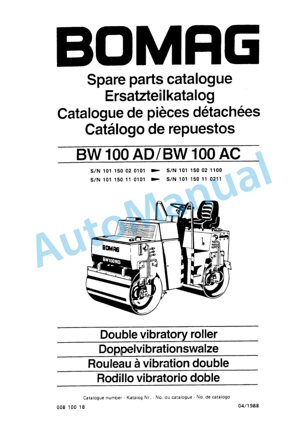 Bomag BW 100 AD, BW 100 AC Double Vibratory Roller Spare Parts Catalogue 00810018