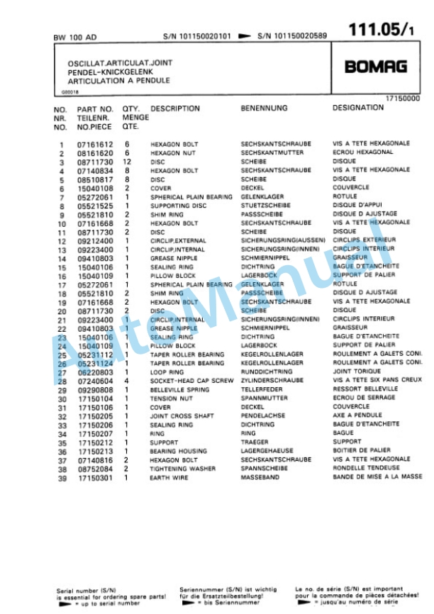 Bomag BW 100 AD, BW 100 AC Double Vibratory Roller Spare Parts Catalogue 00810018-4