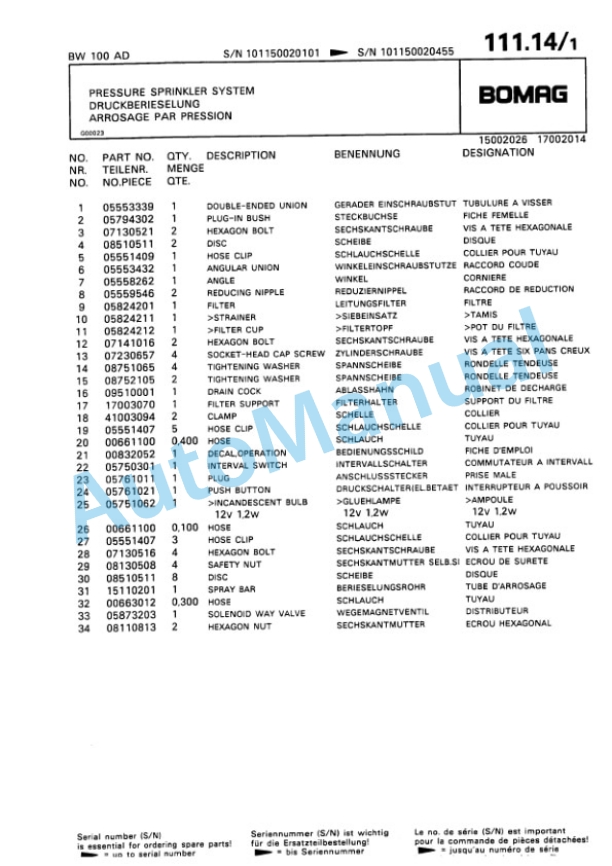 Bomag BW 100 AD, BW 100 AC Double Vibratory Roller Spare Parts Catalogue 00810018-5