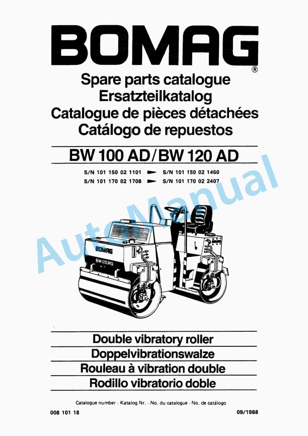 Bomag BW 100 AD, BW 120 AD Double Vibratory Roller Spare Parts Catalogue 00810118