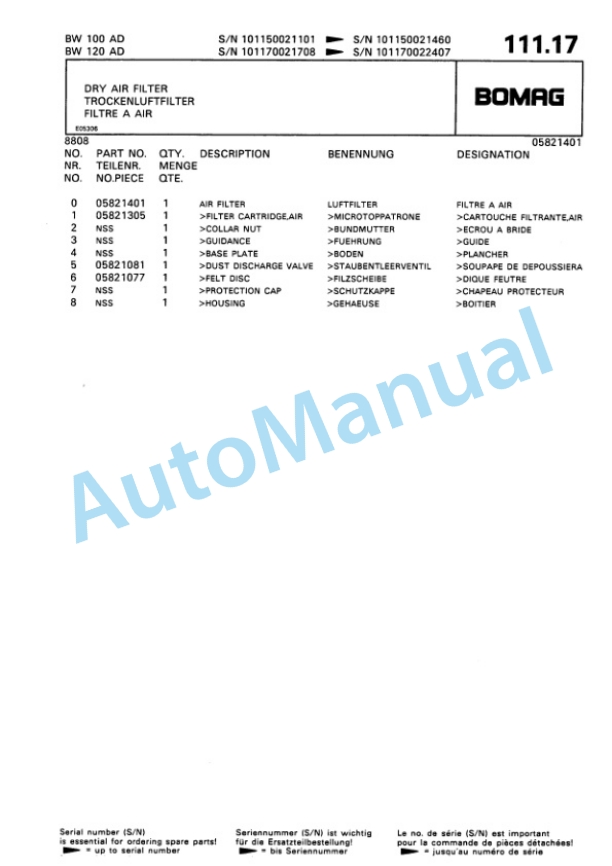 Bomag BW 100 AD, BW 120 AD Double Vibratory Roller Spare Parts Catalogue 00810118-5