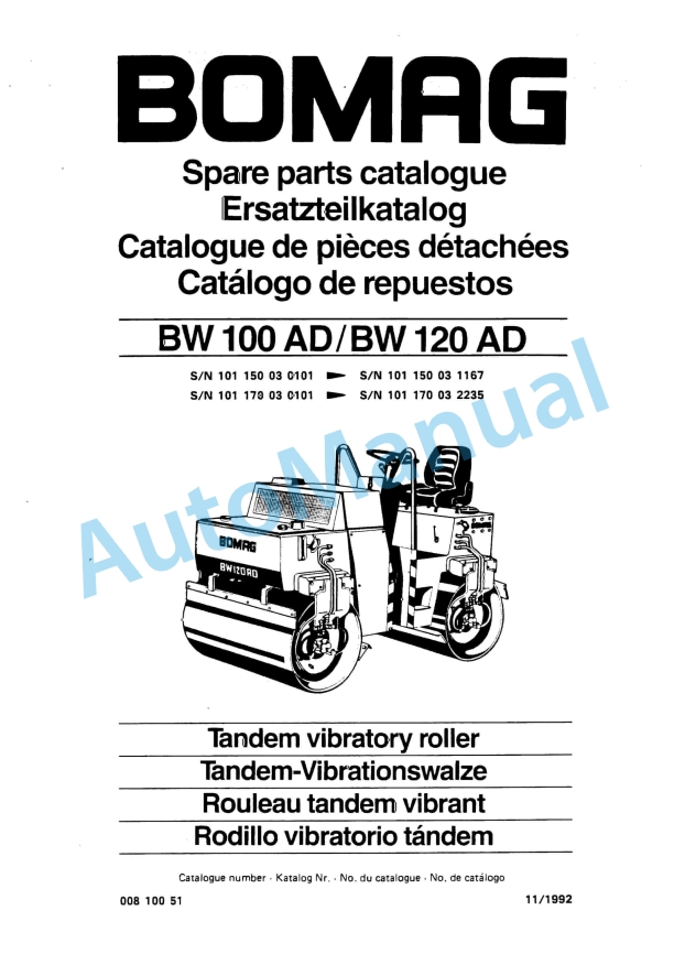 Bomag BW 100 AD, BW 120 AD Tandem Vibratory Roller Spare Parts Catalogue 00810051