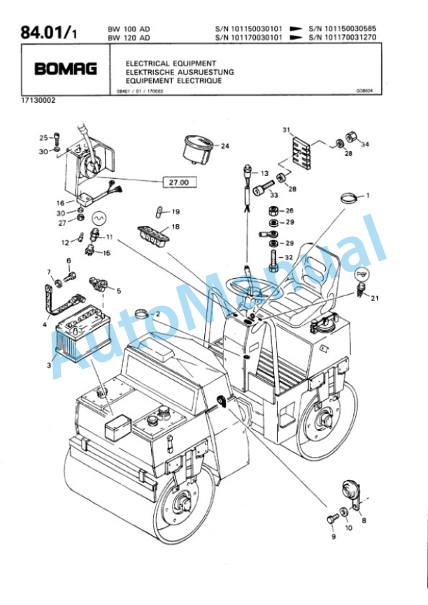 Bomag BW 100 AD, BW 120 AD Tandem Vibratory Roller Spare Parts Catalogue 00810051-3