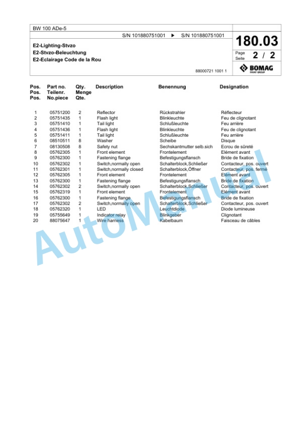 Bomag BW 100 ADe-5 Tandem Vibratory Roller Spare Parts Catalogue 00826733-5