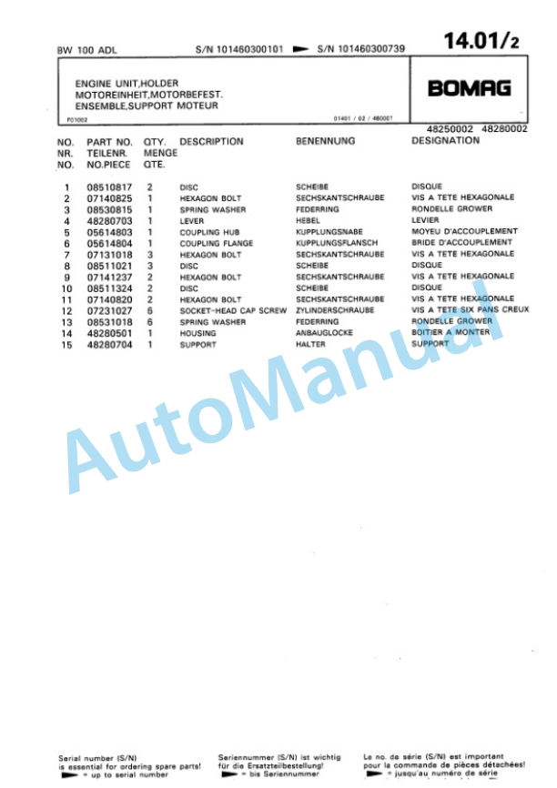 Bomag BW 100 ADL Tandem Vibratory Roller Spare Parts Catalogue 00810042-2