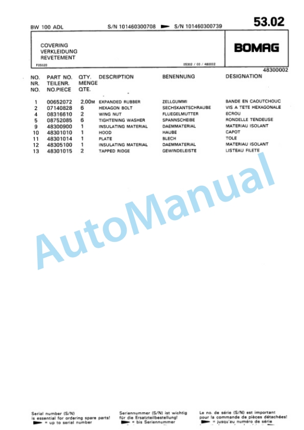 Bomag BW 100 ADL Tandem Vibratory Roller Spare Parts Catalogue 00810042-5