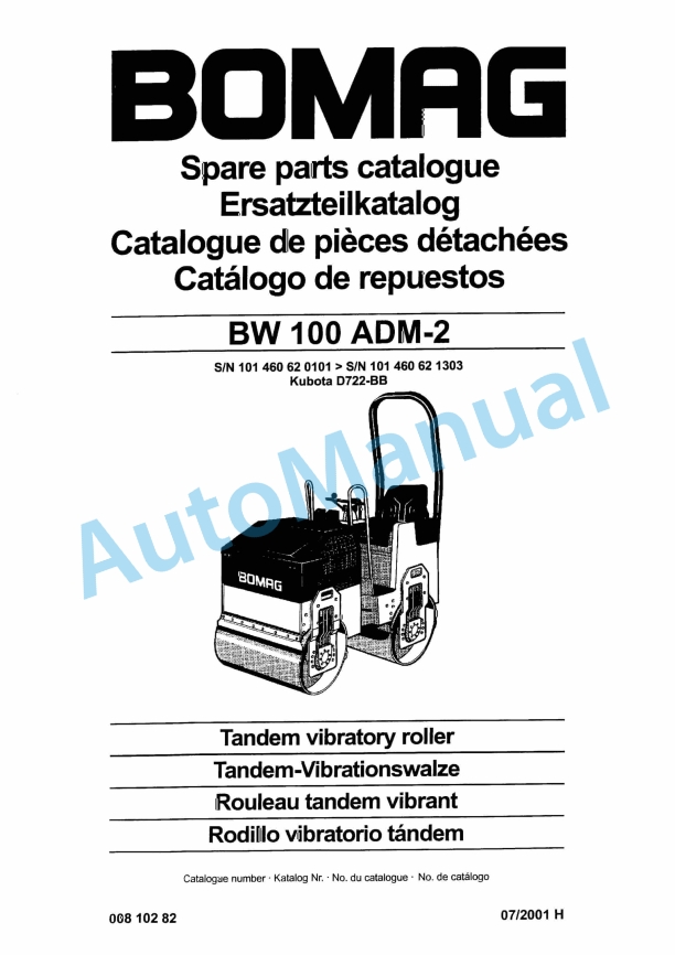 Bomag BW 100 ADM-2 Tandem Vibratory Roller Spare Parts Catalogue 00810282