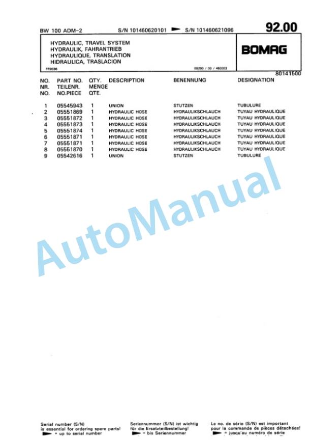 Bomag BW 100 ADM-2 Tandem Vibratory Roller Spare Parts Catalogue 00810282-3