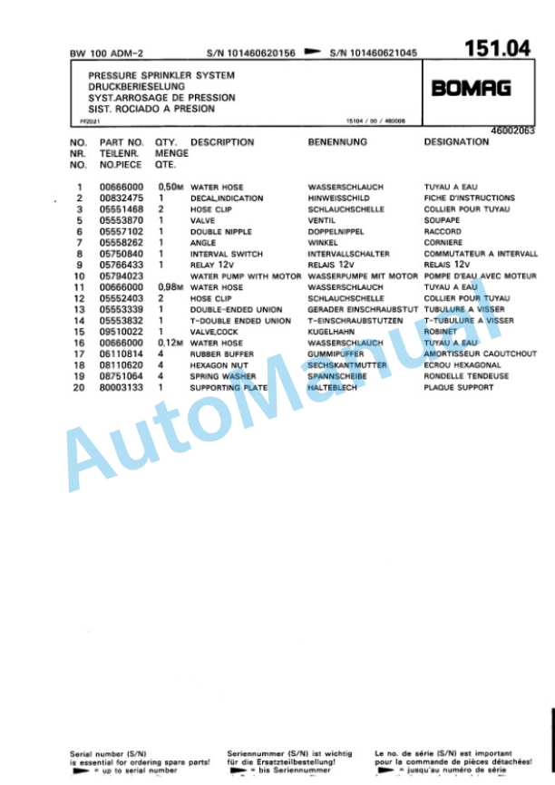 Bomag BW 100 ADM-2 Tandem Vibratory Roller Spare Parts Catalogue 00810282-5