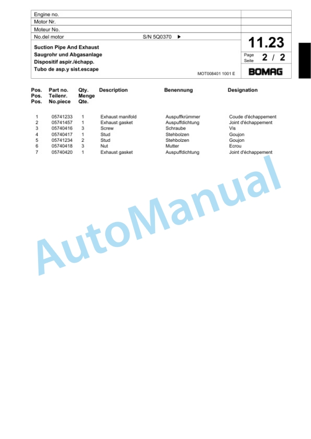 Bomag BW 100 ADM-2 Tandem Vibratory Roller Spare Parts Catalogue 00817459-2