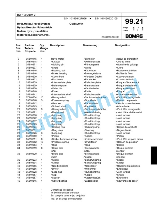 Bomag BW 100 ADM-2 Tandem Vibratory Roller Spare Parts Catalogue 00817459-5