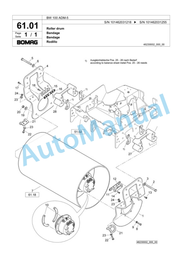Bomag BW 100 ADM-5 Tandem Vibratory Roller Spare Parts Catalogue 00818711-2