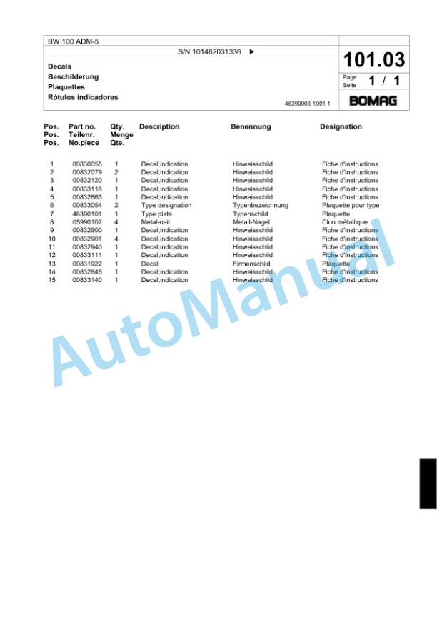 Bomag BW 100 ADM-5 Tandem Vibratory Roller Spare Parts Catalogue 00818711-4