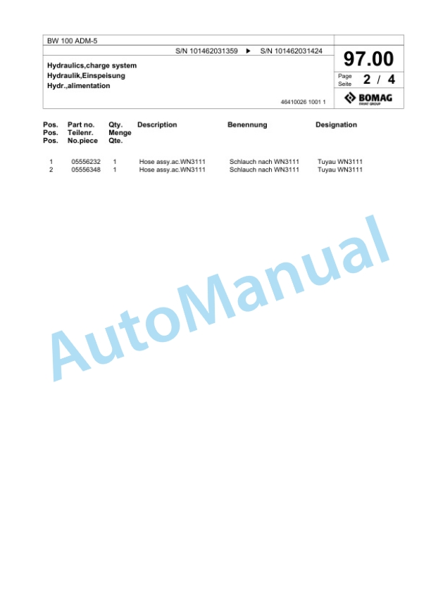 Bomag BW 100 ADM-5 Tandem Vibratory Roller Spare Parts Catalogue 00824121-3