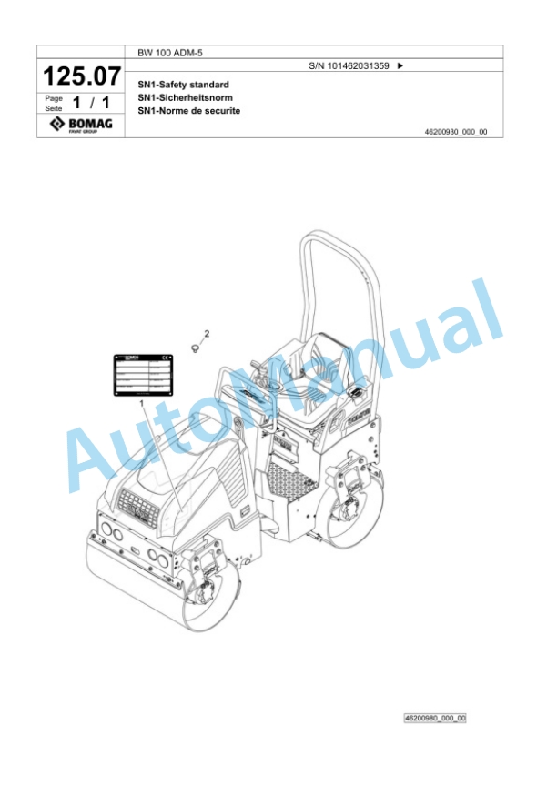 Bomag BW 100 ADM-5 Tandem Vibratory Roller Spare Parts Catalogue 00824121-4