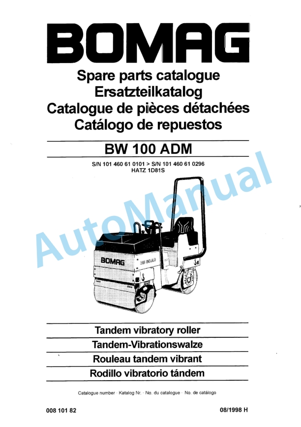 Bomag BW 100 ADM Tandem Vibratory Roller Spare Parts Catalogue 00810182