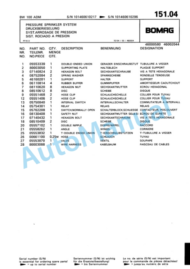 Bomag BW 100 ADM Tandem Vibratory Roller Spare Parts Catalogue 00810182-5