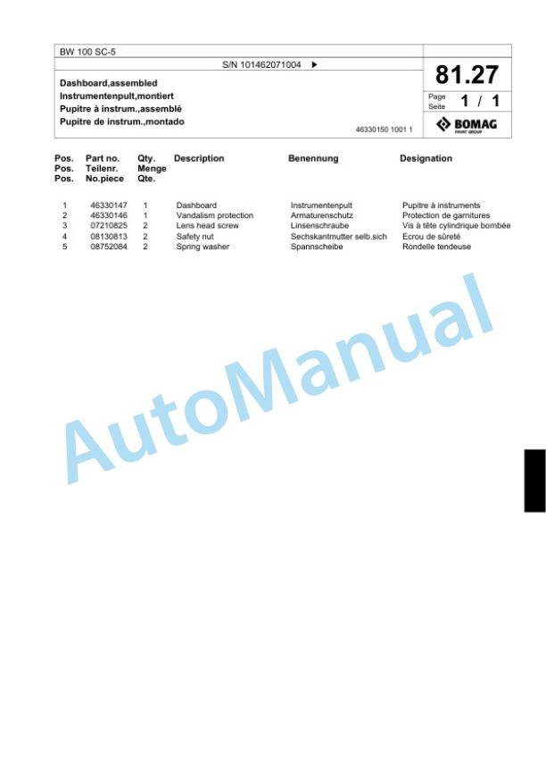 Bomag BW 100 SC-5 Tandem Vibratory Roller Spare Parts Catalogue 00818715-3