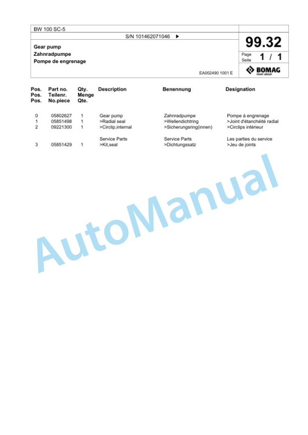 Bomag BW 100 SC-5 Tandem Vibratory Roller Spare Parts Catalogue 00824129-4