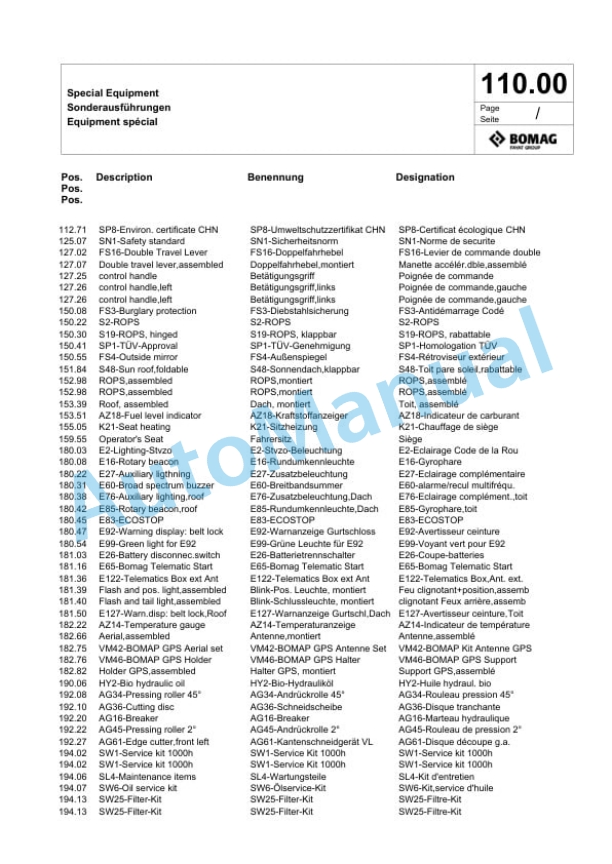 Bomag BW 100 SC-5 Tandem Vibratory Roller Spare Parts Catalogue 00825297-3