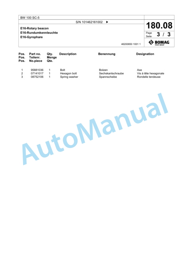 Bomag BW 100 SC-5 Tandem Vibratory Roller Spare Parts Catalogue 00825297-5