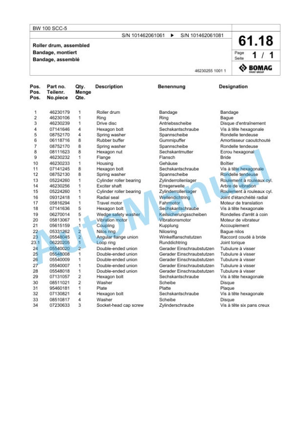 Bomag BW 100 SCC-5 Combination Roller Spare Parts Catalogue 00824127-2