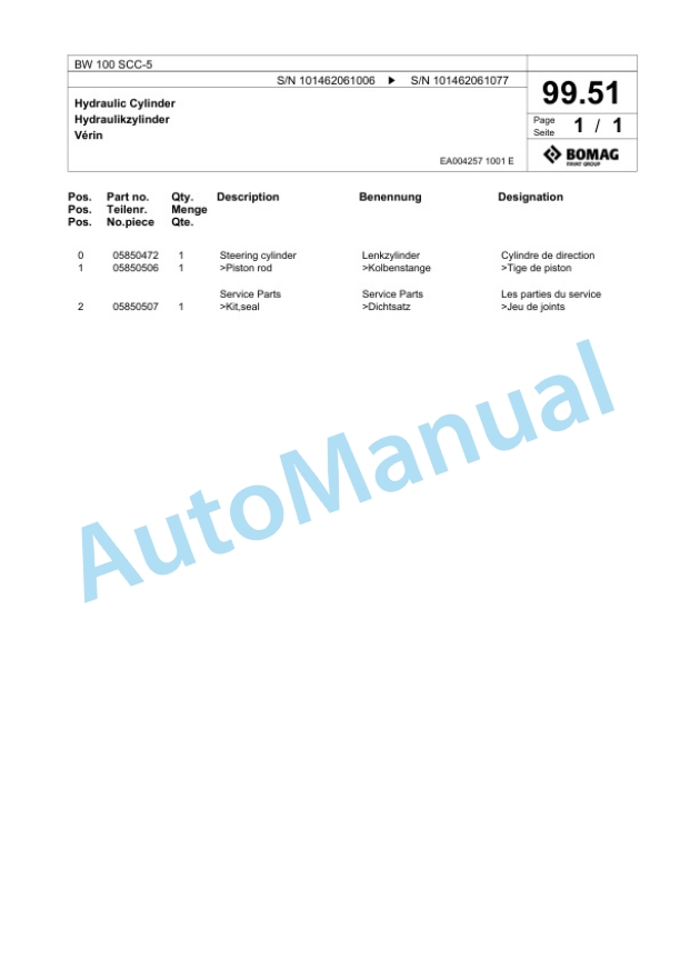 Bomag BW 100 SCC-5 Combination Roller Spare Parts Catalogue 00824127-4