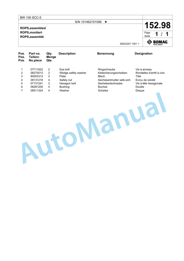 Bomag BW 100 SCC-5 Combination Roller Spare Parts Catalogue 00825295-4