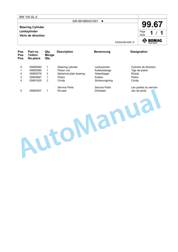 Bomag BW 100 SL-5 Tandem Vibratory Roller Spare Parts Catalogue 00824999-5