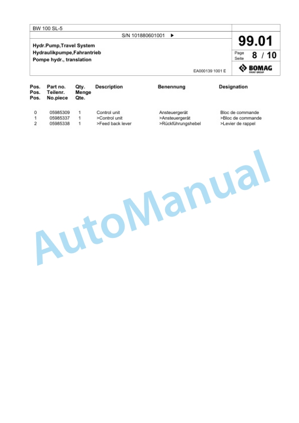 Bomag BW 100 SL-5 Tandem Vibratory Roller Spare Parts Catalogue 00825613-4