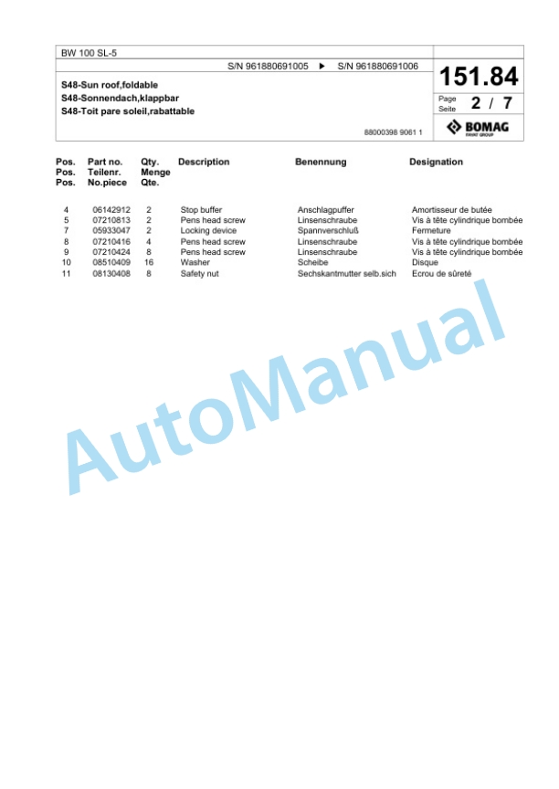 Bomag BW 100 SL-5 Tandem Vibratory Roller Spare Parts Catalogue 00826553-5