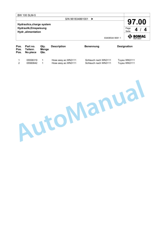 Bomag BW 100 SLM-5 Tandem Vibratory Roller Spare Parts Catalogue 00827125-4
