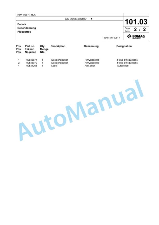 Bomag BW 100 SLM-5 Tandem Vibratory Roller Spare Parts Catalogue 00827125-5