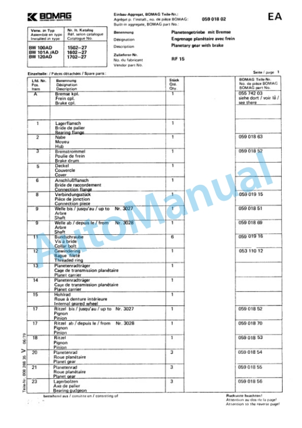Bomag BW 101 A, BW 101 AD Tandem Vibratory Roller Spare Parts Catalogue 00812800 GE-3