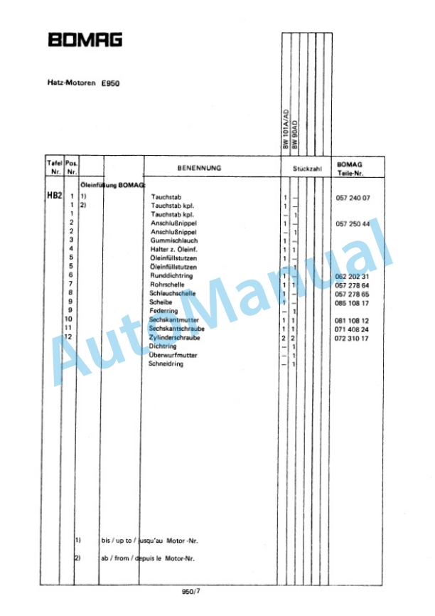 Bomag BW 101 A, BW 101 AD Tandem Vibratory Roller Spare Parts Catalogue 00812800 GE-5