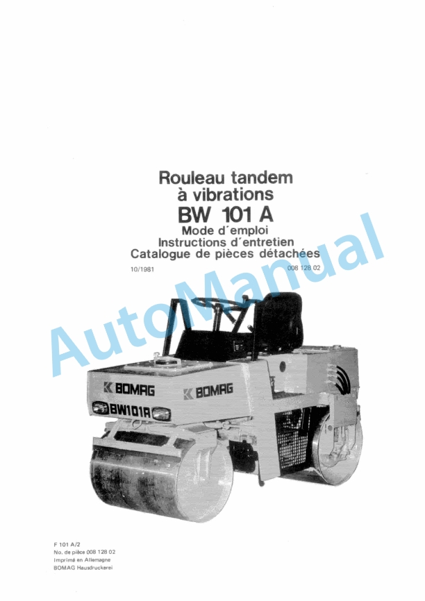 Bomag BW 101 A Tandem Vibratory Roller Spare Parts Catalogue 00812802 FR