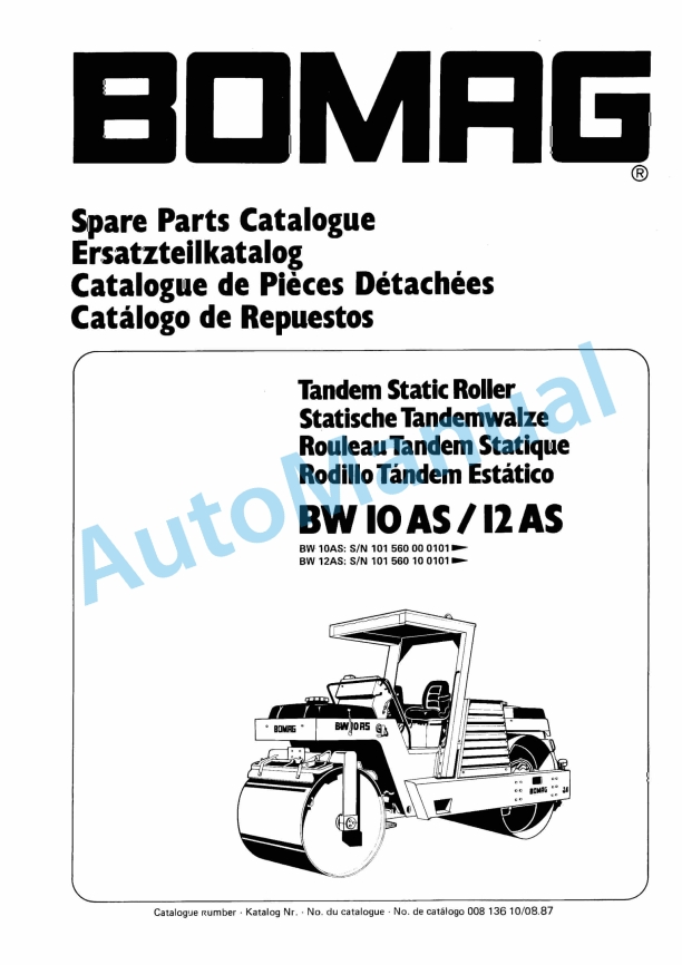 Bomag BW 10AS, BW 12AS Tandem Static Roller Spare Parts Catalogue 00813610