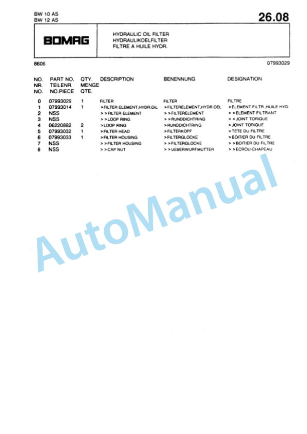 Bomag BW 10AS, BW 12AS Tandem Static Roller Spare Parts Catalogue 00813610-2