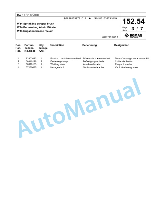 Bomag BW 11 RH-5 China Pneumatic Tyred Roller Spare Parts Catalogue 00824983-3