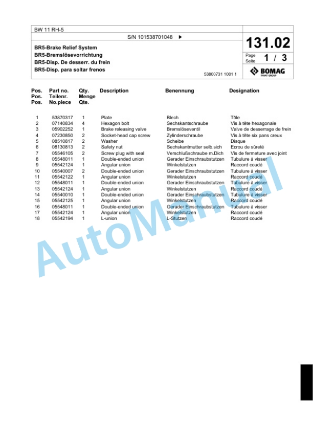 Bomag BW 11 RH-5 Pneumatic Tyred Roller Spare Parts Catalogue 00824749-3