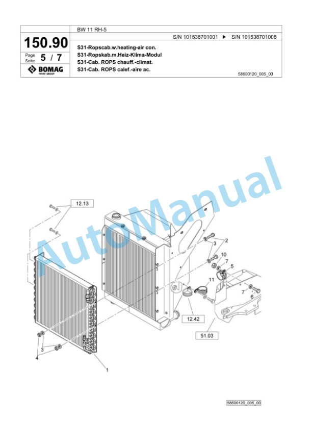 Bomag BW 11 RH-5 Pneumatic Tyred Roller Spare Parts Catalogue 00824749-4