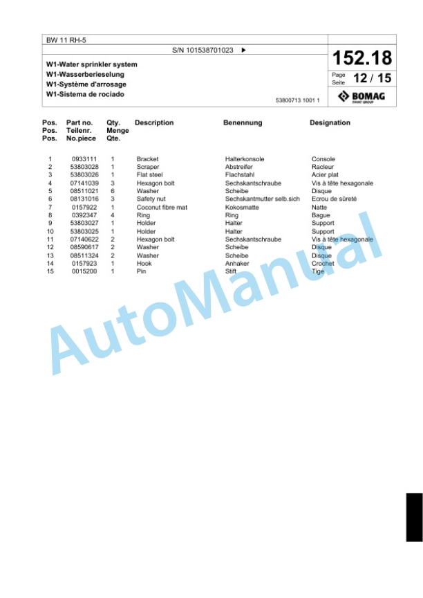 Bomag BW 11 RH-5 Pneumatic Tyred Roller Spare Parts Catalogue 00824749-5