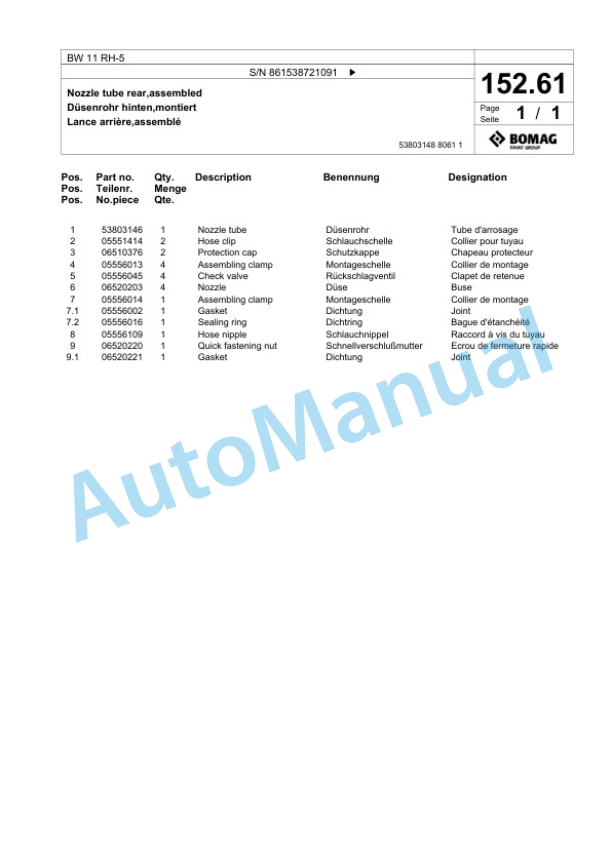Bomag BW 11 RH-5 Pneumatic Tyred Roller Spare Parts Catalogue 00824939-3
