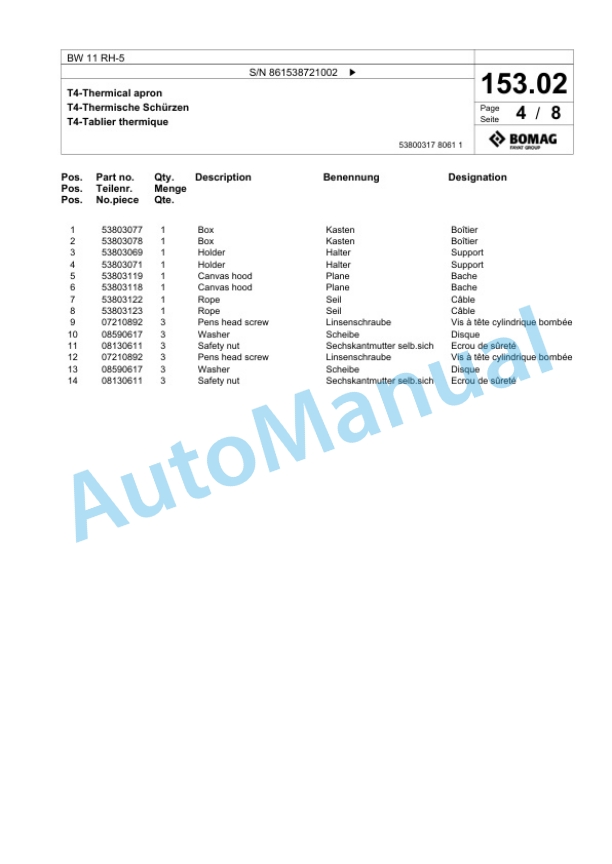 Bomag BW 11 RH-5 Pneumatic Tyred Roller Spare Parts Catalogue 00824939-4