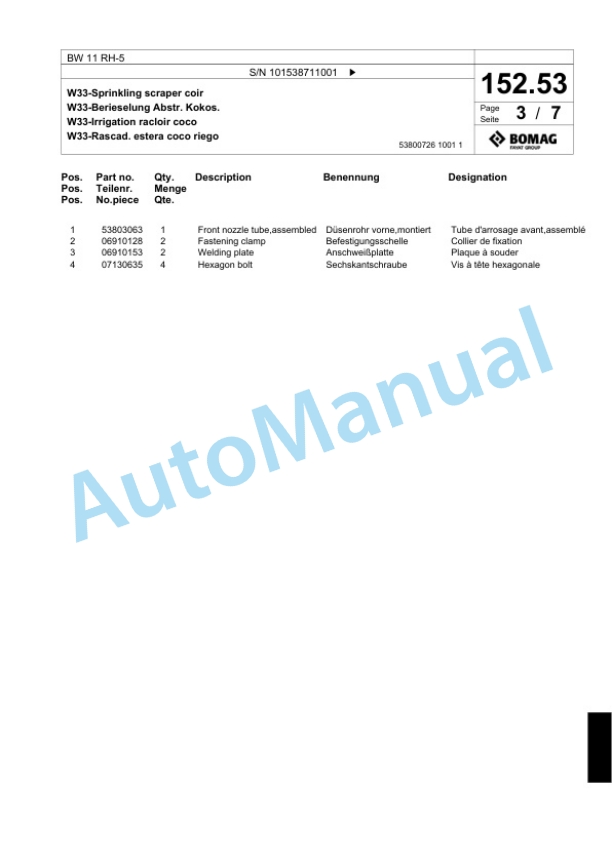 Bomag BW 11 RH-5 Pneumatic Tyred Roller Spare Parts Catalogue 00824993-4