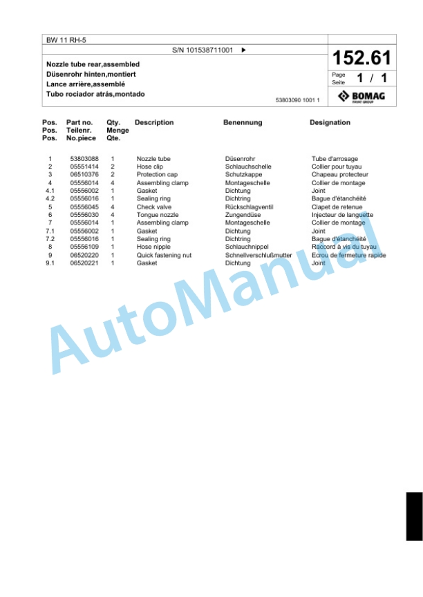 Bomag BW 11 RH-5 Pneumatic Tyred Roller Spare Parts Catalogue 00824993-5