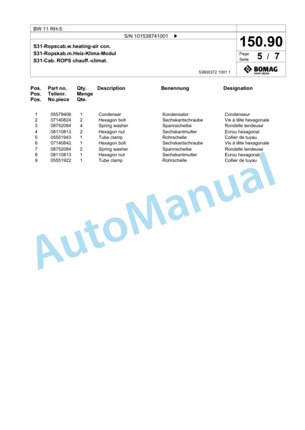 Bomag BW 11 RH-5 Pneumatic Tyred Roller Spare Parts Catalogue 00825663-3