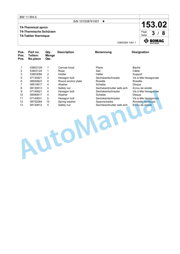 Bomag BW 11 RH-5 Pneumatic Tyred Roller Spare Parts Catalogue 00825663-5